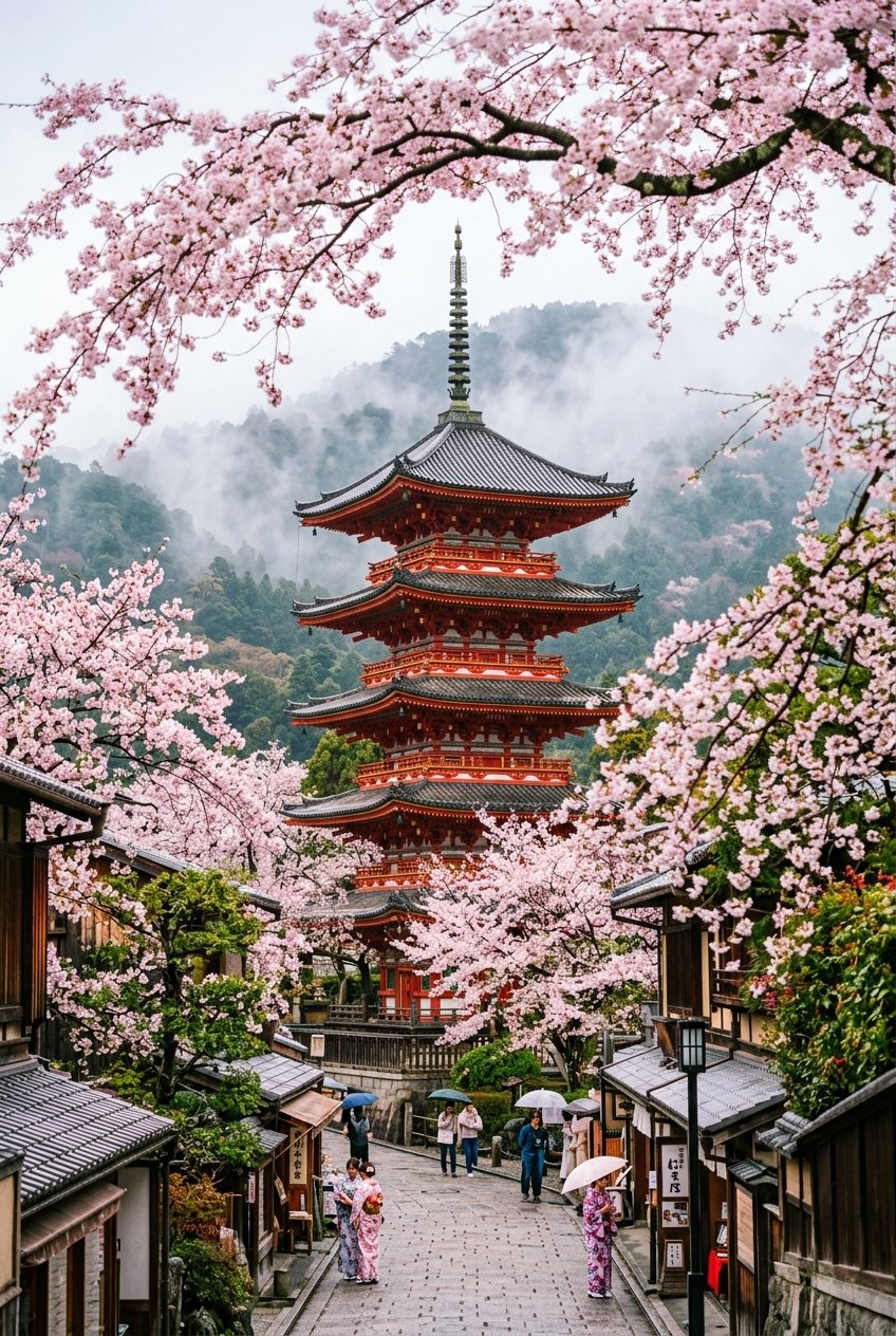 Mount Fuji cherry blossoms and traditional pagoda in Japan