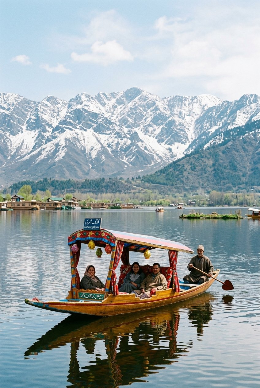 Shikara on Dal Lake and snow mountains in Kashmir