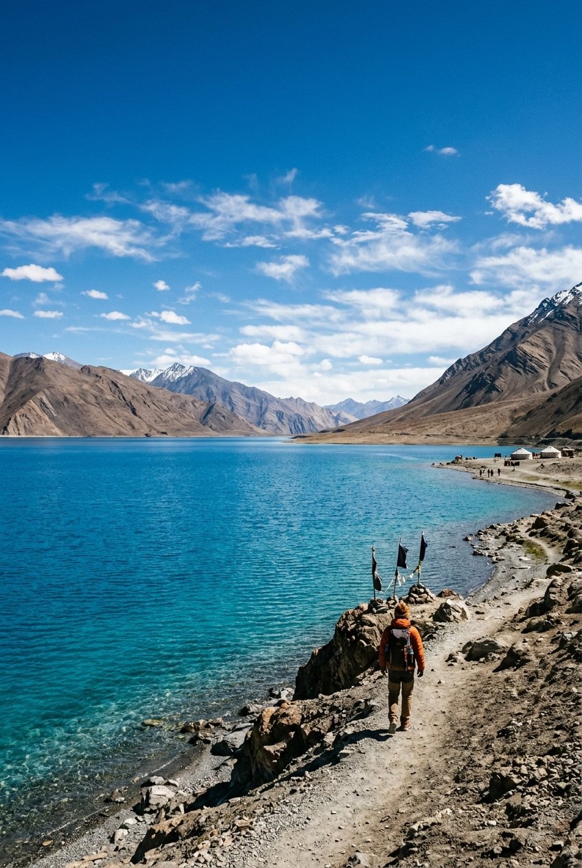 Pangong Lake and mountain passes in Ladakh